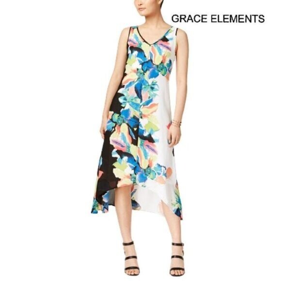 Grace Elements Women's V Neck‎ Floral Printed High-Low Midi Dress - Picture 1 of 7